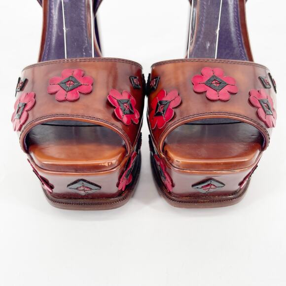 Prada Tobacco Brown Leather Floral Platform Ankle Strap High Heel Sandals IT 38 - Picture 7 of 14